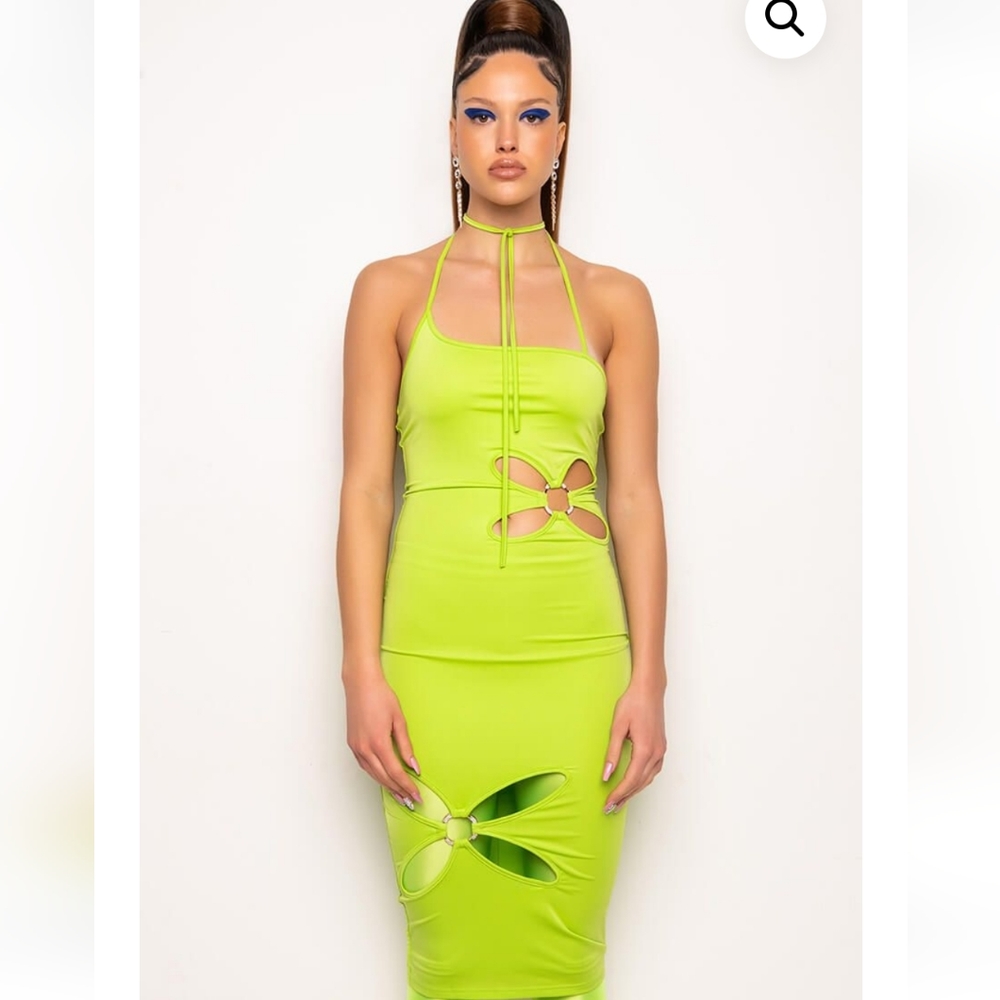 AKIRA Neon Lime Halter Cutout Midi Dress